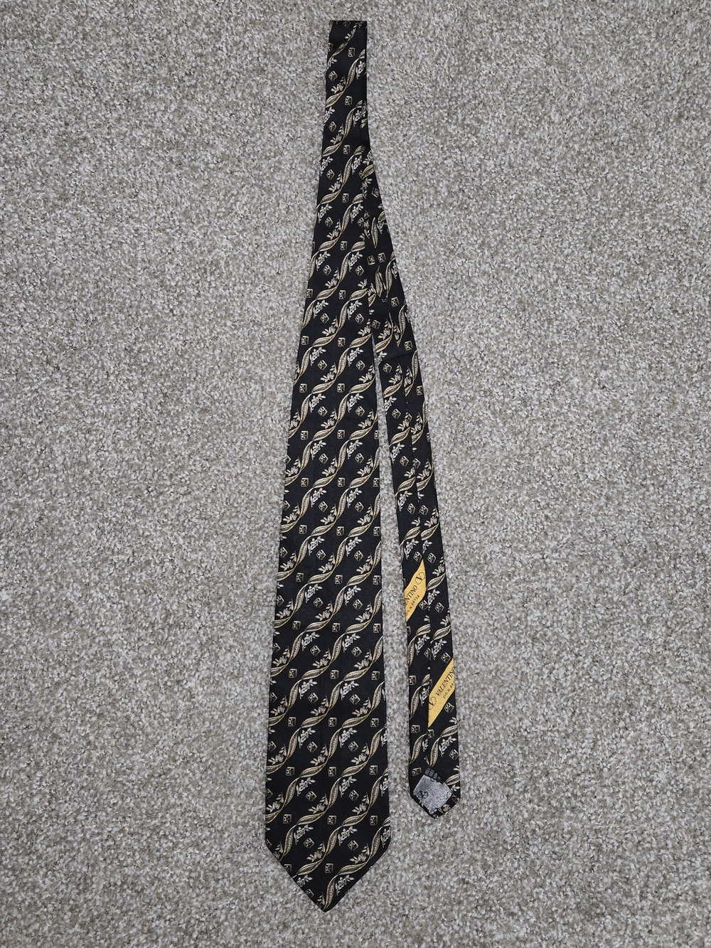 Vintage 1980s Valentino Cravatte Silk Tie – Black, Gold & Silver Botanical Scrol